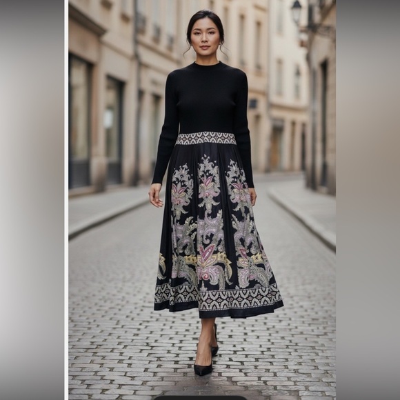 Dalia Macphee Dresses & Skirts - Black Midi Mixed Media Dress with Floral Print